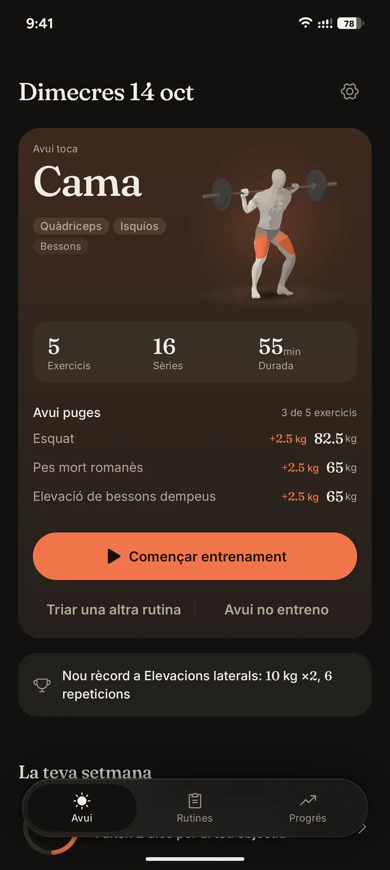 La pantalla Avui de l'Iro, amb la figura 3D d'un esquat.