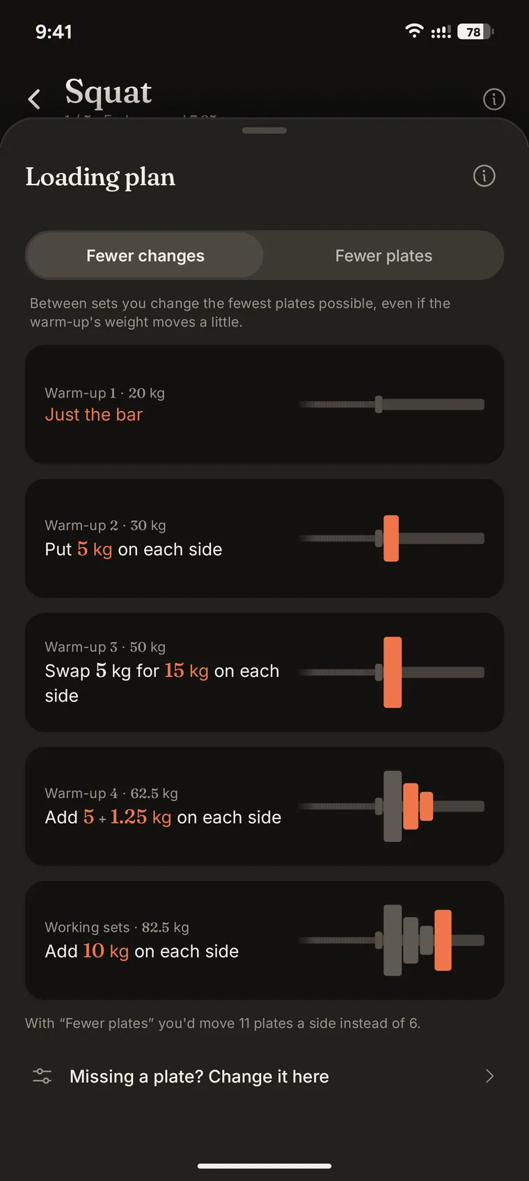 Plates per side and warm-up sets in Iro.